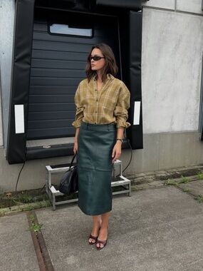MANGO Leather midi skirt